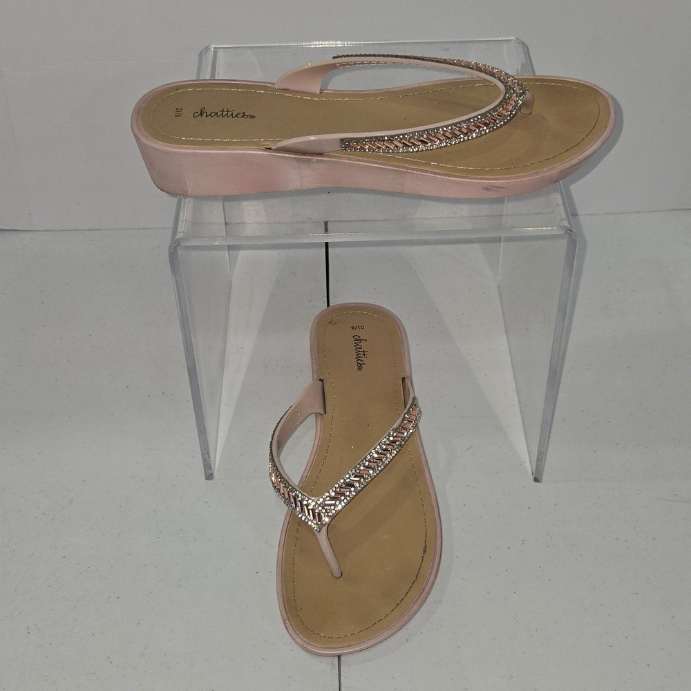Chatties Womens Pink Rhinestone Wedge Thong Flip Flop Sandals Size 9/10 MLS-1659